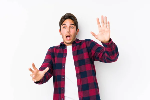 Young Caucasian Man Posing Pink Background Isolated Being Shocked Due — Stock Photo, Image