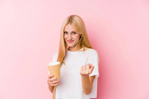 Young Blonde Girl Holding Takeaway Coffee Pointing Finger You Inviting — Stock Photo, Image