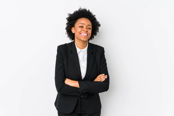 Mujer Mediana Edad Afroamericana Negocios Contra Fondo Blanco Aislado Riendo — Foto de Stock