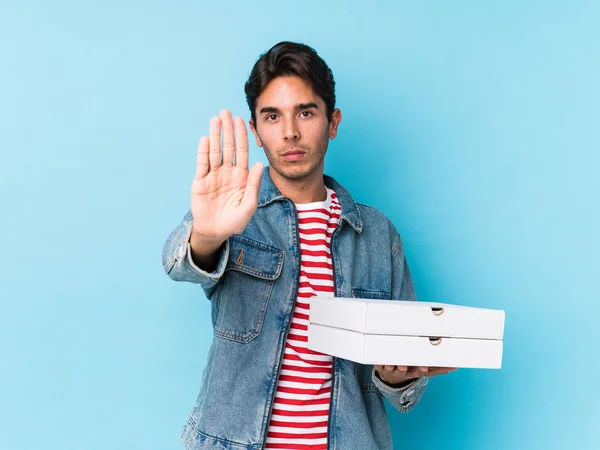 Young Caucasian Man Holding Pizzas Isolated Standing Outstretched Hand Showing — 스톡 사진