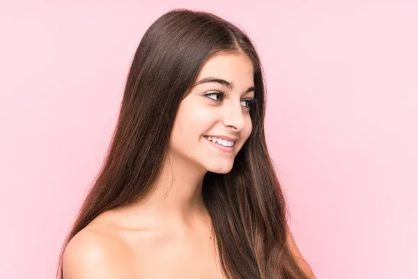 Young Beauty Caucasian Woman Pink Background — Stock Photo, Image