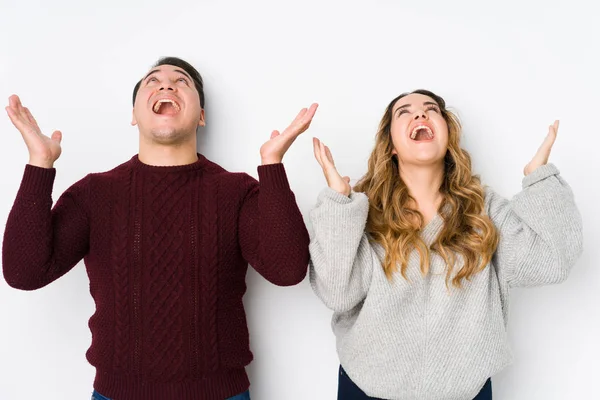 Young Couple Posing White Background Screaming Sky Looking Frustrated — 스톡 사진