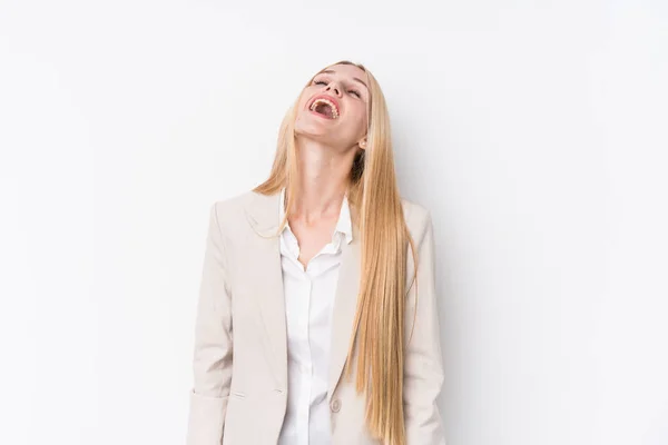 Young Business Blonde Woman White Background Relaxed Happy Laughing Neck — 스톡 사진