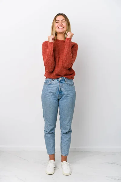 Full Body Young Caucasian Woman Raising Fist Feeling Happy Successful — Stock Photo, Image