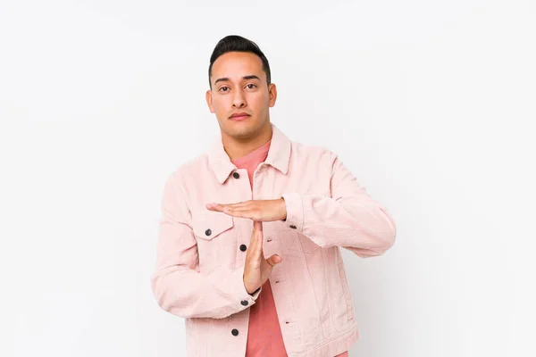 Young Latin Man Posing Isolated Showing Timeout Gesture — 스톡 사진