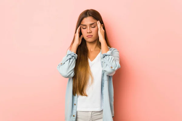 Young Slim Woman Touching Temples Having Headache — Stock Photo, Image