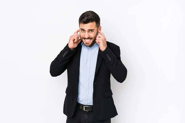 Young Caucasian Business Man White Background Isolated Covering Ears Hands — Stock Photo, Image