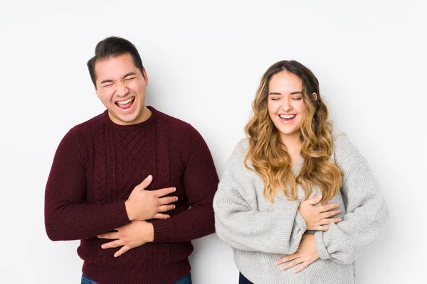 Young Couple Posing White Background Laughs Happily Has Fun Keeping — 스톡 사진