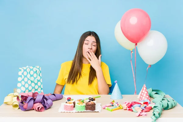 Young Caucasian Woman Organizing Birthday Yawning Showing Tired Gesture Covering — 스톡 사진