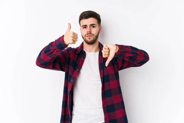 Young Caucasian Man Posing White Background Isolated Showing Thumbs Thumbs — 스톡 사진