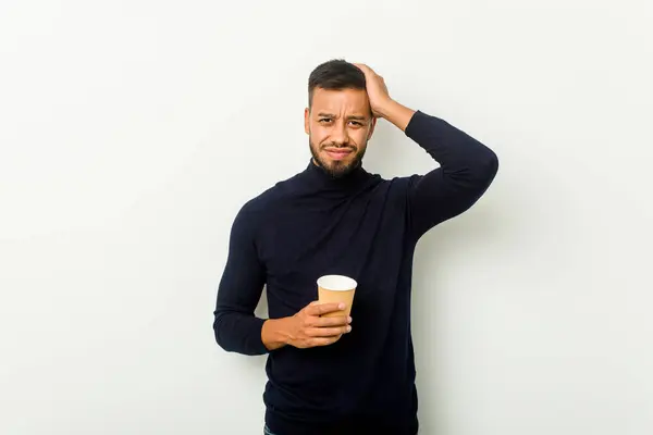 Young Mixed Race Asian Man Holding Takeaway Coffee Being Shocked — 스톡 사진