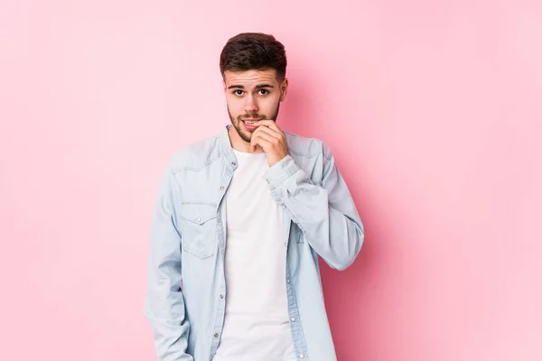 Young Caucasian Business Man Posing White Background Isolated Biting Fingernails — Stock Photo, Image