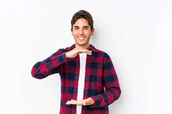 Jonge Blanke Man Poseren Een Roze Achtergrond Geïsoleerd Houden Iets — Stockfoto