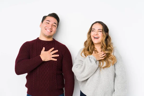 Young Couple Posing White Background Laughs Out Loudly Keeping Hand — 스톡 사진