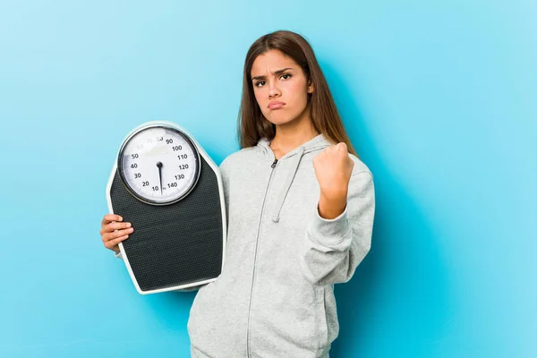 Young Fitness Woman Holding Scale Showing Fist Camera Aggressive Facial — Stock Photo, Image