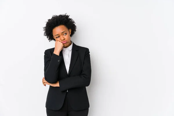 Mujer Mediana Edad Afroamericana Negocios Contra Fondo Blanco Aislado Que — Foto de Stock