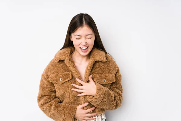 Young Chinese Woman Posing White Background Isolated Laughs Happily Has — 스톡 사진