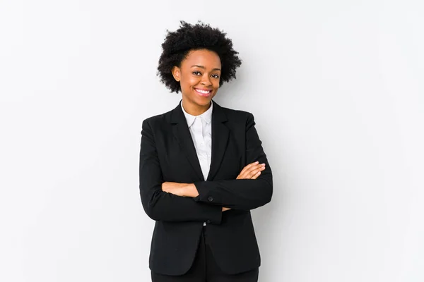 Mujer Negocios Afroamericana Mediana Edad Contra Fondo Blanco Aislado Que —  Fotos de Stock