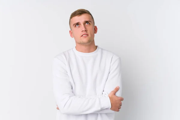 Young Caucasian Man White Background Tired Repetitive Task — 스톡 사진