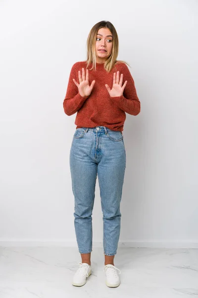 Full Body Young Caucasian Woman Rejecting Someone Showing Gesture Disgust — Stock Photo, Image