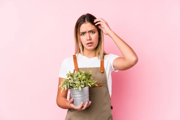 Young Caucasian Gardener Woman Pink Background Being Shocked She Has — 스톡 사진