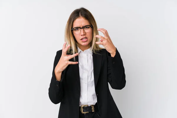 Young Business Caucasian Woman Upset Screaming Tense Hands — Stock Photo, Image