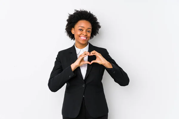 Бізнес Жінка Середнього Віку Білому Фоні Усміхаючись Показуючи Серцевину Руками — стокове фото