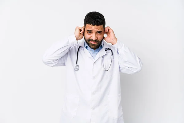 Young Arabian Doctor Man Isolated Covering Ears Hands — 스톡 사진