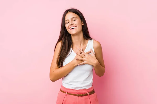 Young Cute Woman Laughing Keeping Hands Heart Concept Happiness — Stockfoto
