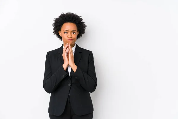 Mujer Negocios Afroamericana Mediana Edad Contra Fondo Blanco Aislado Que — Foto de Stock