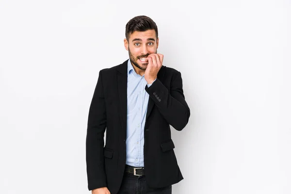 Young Caucasian Business Man White Background Isolated Biting Fingernails Nervous — Stock Photo, Image