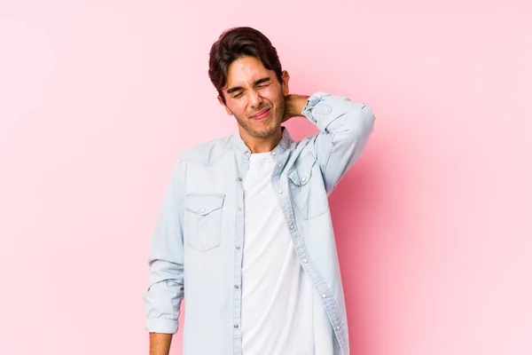 Young Caucasian Man Posing Pink Background Isolated Suffering Neck Pain — Stock Photo, Image