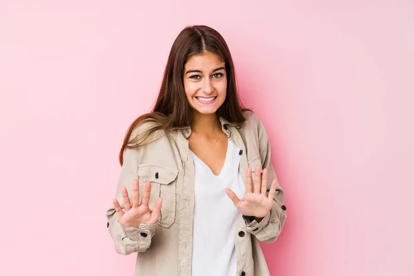 Young Caucasian Woman Posing Pink Background Rejecting Someone Showing Gesture — 스톡 사진