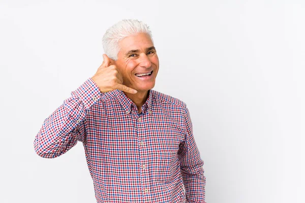 Senior Caucasian Man Isolated Showing Mobile Phone Call Gesture Fingers — Stock Photo, Image