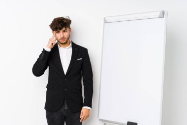 Genç iş adamı Arap koçu şakağı parmağıyla işaret ediyor, düşünüyor, bir göreve odaklanıyor..