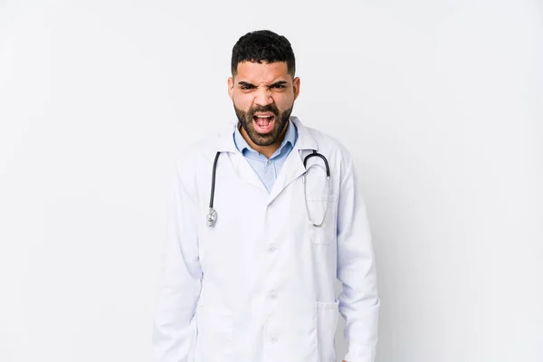 Giovane Arabo Medico Uomo Isolato Urlando Molto Arrabbiato Aggressivo — Foto Stock