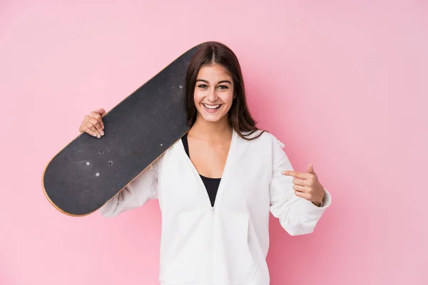 Young Caucasian Skater Woman Holding Skate Person Pointing Hand Shirt — 스톡 사진