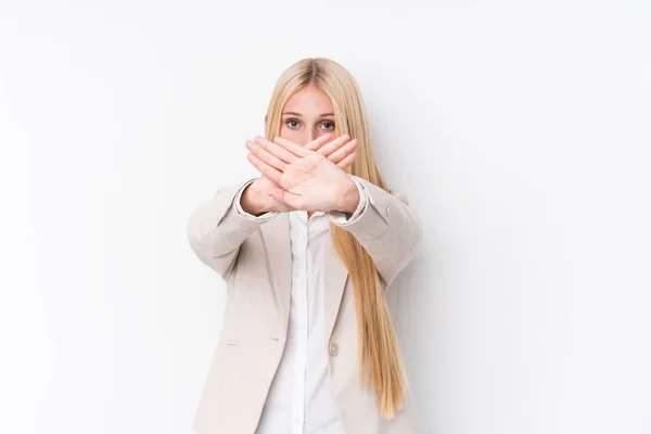 Young Business Blonde Woman White Background Doing Denial Gesture — 图库照片