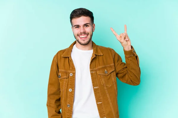 Jovem Homem Bonito Mostrando Gesto Chifres Como Conceito Revolução — Fotografia de Stock