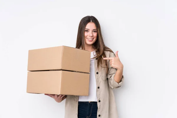 Young Caucasian Woman Moving New Home Person Pointing Hand Shirt — ストック写真