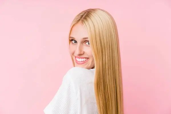 Young Blonde Woman Face Closeup Isolated Pink Background — Stock Photo, Image