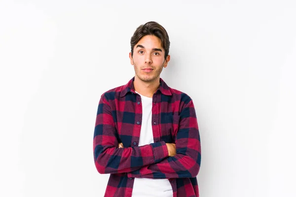 Young Caucasian Man Posing Pink Background Isolated Unhappy Looking Camera — Stock Photo, Image