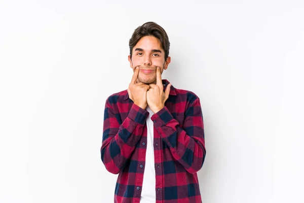 Young Caucasian Man Posing Pink Background Isolated Doubting Two Options — Stock Photo, Image