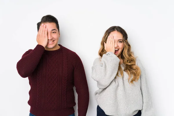 Young Couple Posing White Background Having Fun Covering Half Face — 스톡 사진