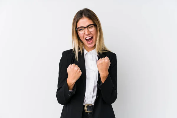 Young Business Caucasian Woman Cheering Carefree Excited Victory Concept — Stock Photo, Image