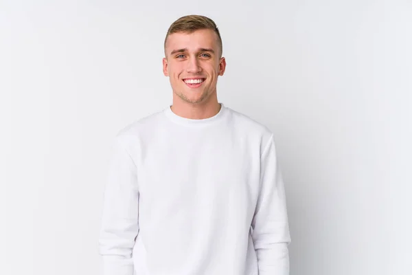 Junger Kaukasischer Mann Auf Weißem Hintergrund Glücklich Lächelnd Und Fröhlich — Stockfoto