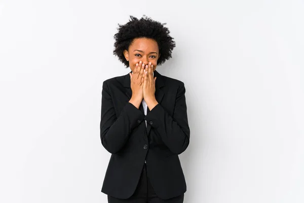 Mujer Mediana Edad Afroamericana Negocios Contra Fondo Blanco Aislado Riendo — Foto de Stock