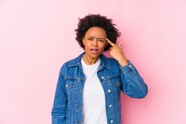 Young African American Woman Pink Backgroound Isolated Showing Disappointment Gesture — Stock Photo, Image
