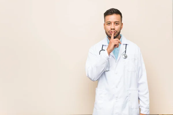 Young South Asian Doctor Man Keeping Secret Asking Silence — Stock Photo, Image