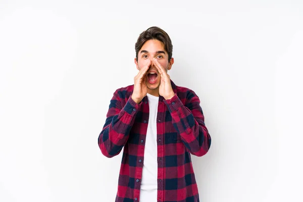Young Caucasian Man Posing Pink Background Isolated Shouting Excited Front — Stock Photo, Image